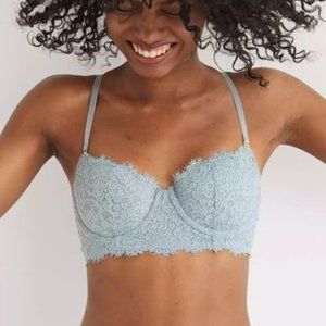 Aerie Women's Real Power Balconette Lightly Lined Eyelash Lace Bra in Salty Air